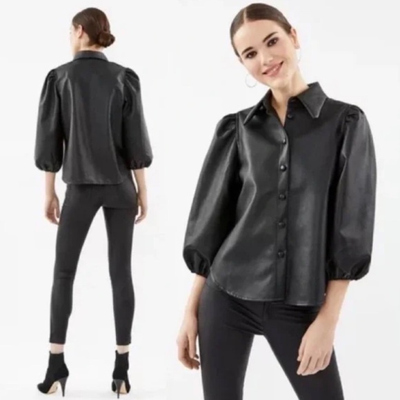 Zara Tops - Zara Faux Leather Black Puff Sleeve Button Up Shirt XXL NWT 1727
